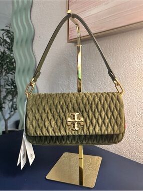 NWT ✨Tory Burch Olive Green Quilted Velvet Shoulder Bag with Gold Logo